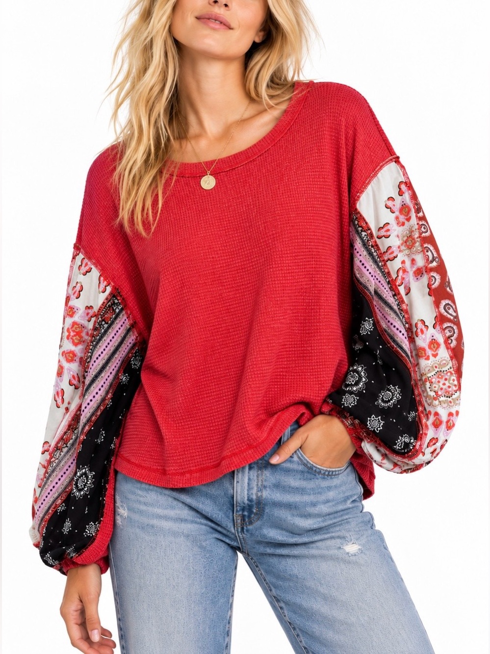 Free People We The Free Bandana Sleeve Thermal Knit Top XS Red Boho Mixed Media